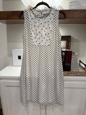Karl Lagerfeld Cream Sleeveless Polka Dot Midi Dress with Embroidered Bib